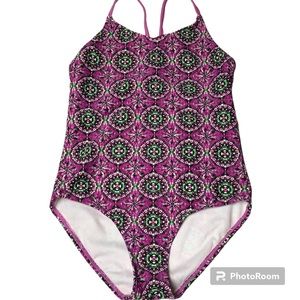 Kanu Surf Girls One Piece Swimsuit Size 12 Purple Green White Bathing Suit Lined